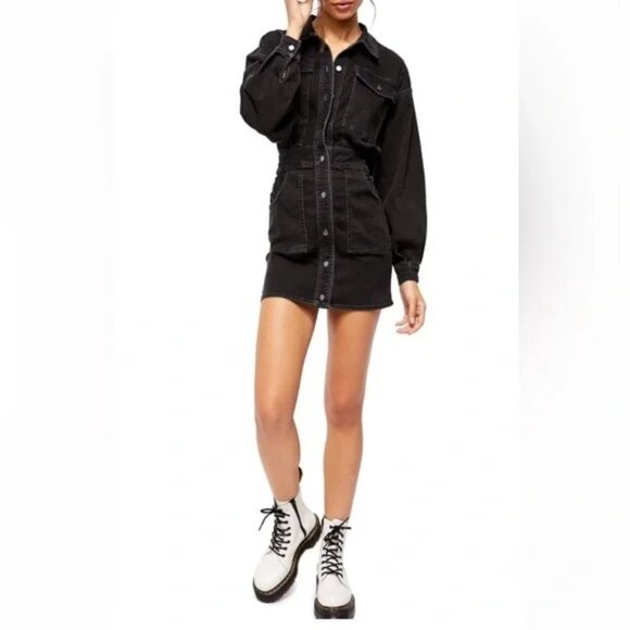 Free People Bo Denim Shirt Dress Midnight Black Button Down Long Sleeve - Picture 3 of 13